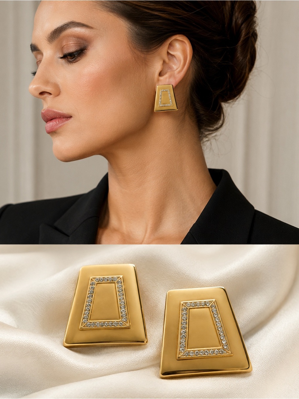 Vintage Gold Tone Rhinestone Geometric Earrings Art Deco Glam